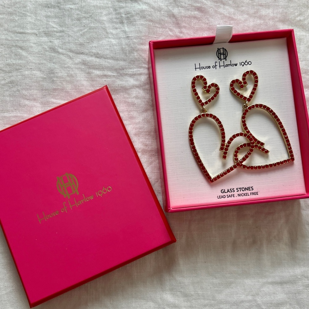 NWT House of Harlow 1960 Red Heart Earrings with Glass Stones